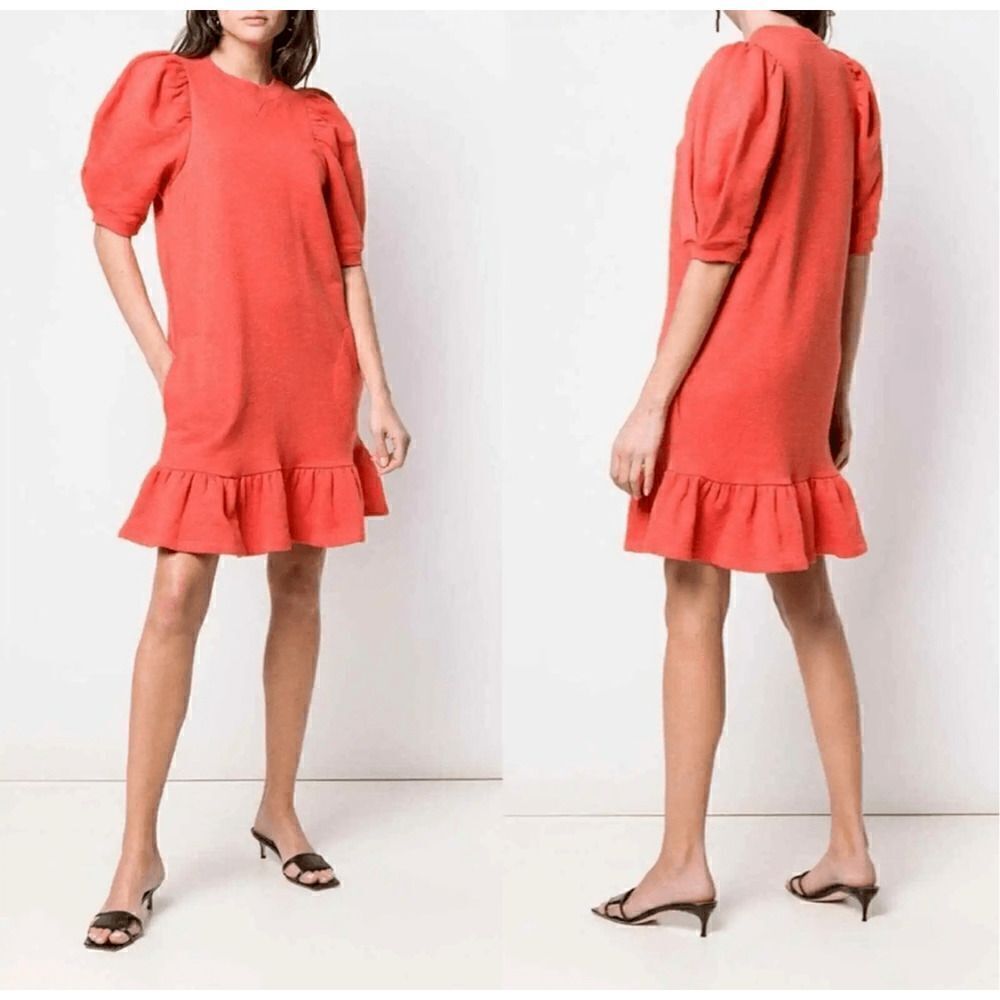 NWOT Ulla Johnson Landry Orange Puff Sleeve Ruffle Hem Sweatshirt Dress Small